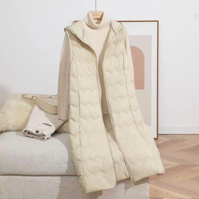 2025 New Model Women's Diamond-Patterned Lightweight Hooded Mid-Length Over-The-Knee down Vest Winter Jacket