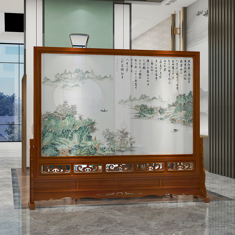 New Chinese Solid Wood Hollowed-out Carved Flower Screen Partition Living Room Hotel Unit Wooden Entrance Custom Log Big Seat Screen