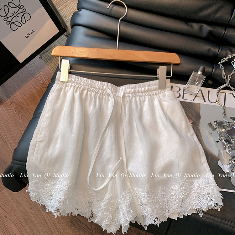 White Linen Lace-Trimmed Shorts for Women, 2026 Summer New Style, Petite Size, Thin Tencel Wide-Leg Pants for Outerwear White Linen Lace-Trimmed Shorts for Women, 2026 Summer New Style, Petite Size, Thin Tencel Wide-Leg Pants for Outerwear