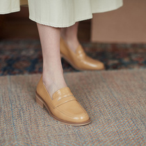 Orange peel CHEN2022 spring new round head Lefoe shoes women Inn wind small leather shoes coarse heel genuine leather single shoe woman