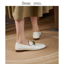 Orange Peel CHEN ~ Super Soft ~ Retro Genuine Leather Flat Bottom Single Shoe Woman Spring Autumn Square Head Coarse Heel Lefu Shoes Little Leather Shoes