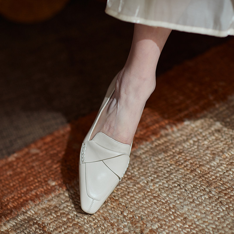 Orange peel CHEN2022 spring and summer new low thick heel shoes female British style square head small leather shoes leather loafers