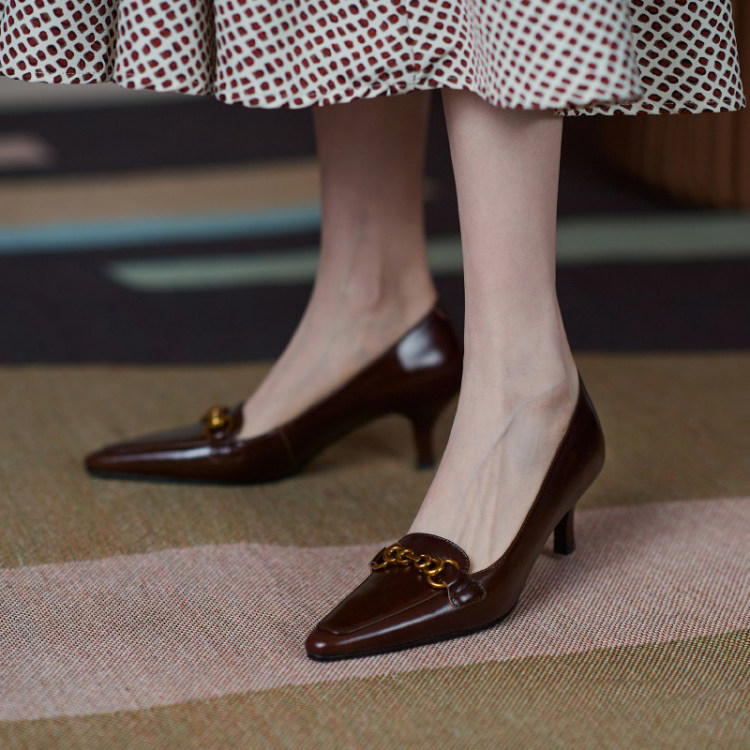 Orange peel CHEN French retro temperament pointed bag shoes women's brown high heels metal buckle stiletto women's shoes