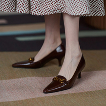 Orange Peel CHEN Method Retro Temperament Pointed Single Shoe Woman Brown High Heel Shoe Metal Buckle Shallow heels with womens shoes