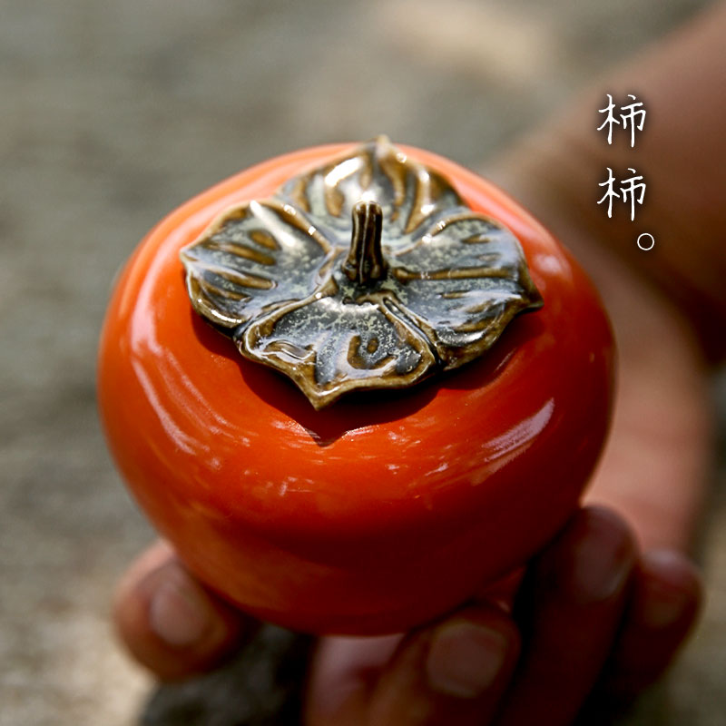 Mini handmade ceramic tea cans Small tea cans Persimmon tea storage cans Travel portable green tea sealed cans Persimmon
