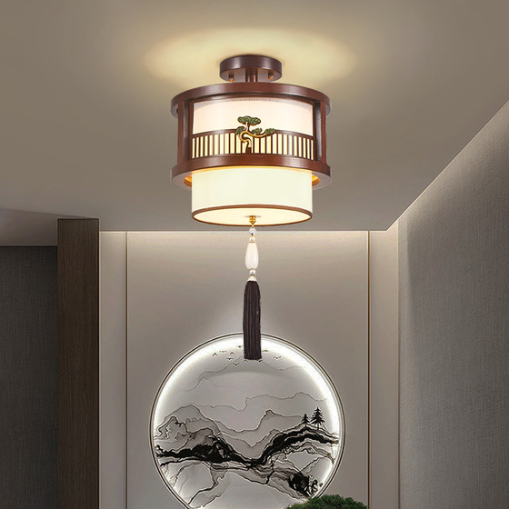 New Chinese-Style Round Ceiling Light for Corridors, Hallways, Balconies, Entryways, Dining Rooms, and Bedrooms, Made of All Copper and Solid Wood, Guangdong Zhongshan Lighting Fixtures
