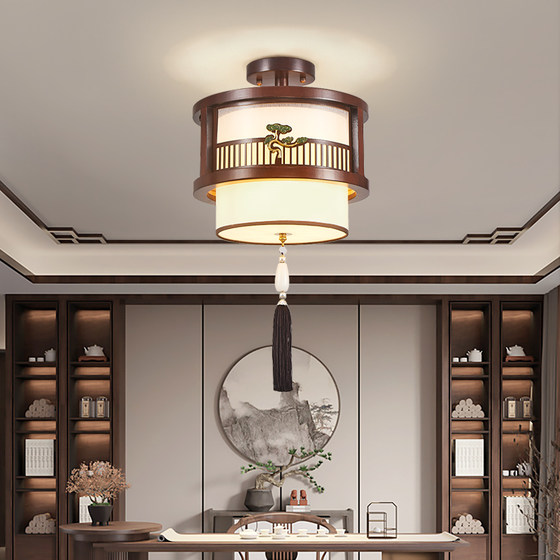 New Chinese-Style Round Ceiling Light for Corridors, Hallways, Balconies, Entryways, Dining Rooms, and Bedrooms, Made of All Copper and Solid Wood, Guangdong Zhongshan Lighting Fixtures