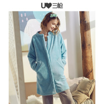 Three-shot pajamas female autumn and winter flannel medium-length thick round neck can be worn outside Warm lady home suit