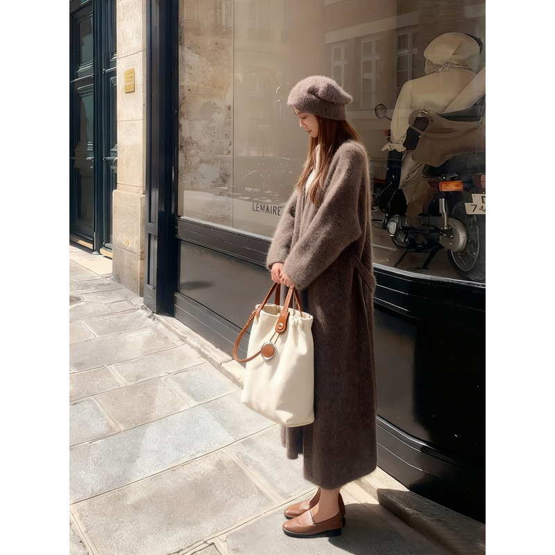 Zhou Dada Sweater Coat for Women, Autumn and Winter, Loose and Lazy Style, Long Knitted Cardigan, Outerwear, Bathrobe, Belted Coat, Thick