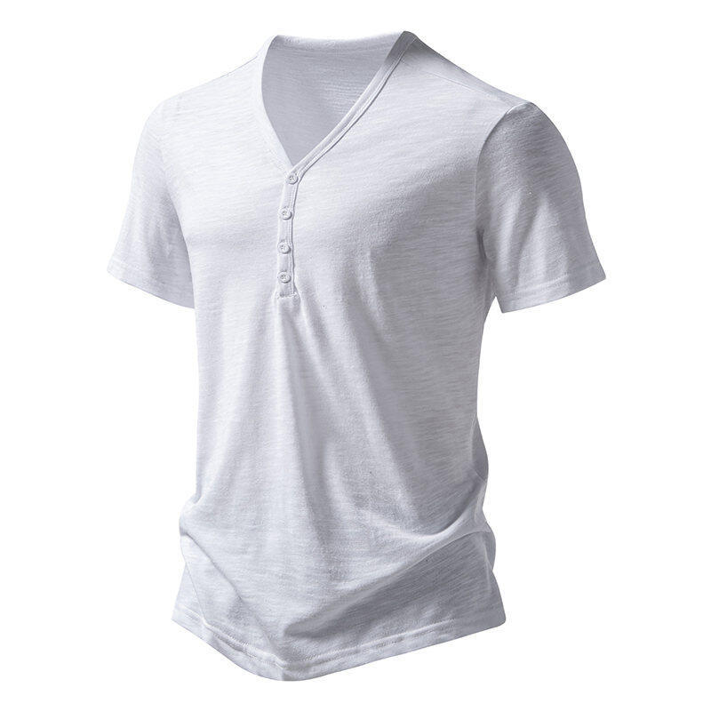 Amazon Men's Four-Button V-Neck Short-Sleeve T-Shirt, European and American Simple Trendy Loose Breathable Solid Color Versatile Base Shirt