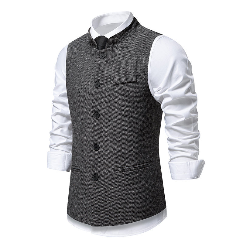 Amazon Retro Casual Woolen Host Vest Men's Zhongshan Suit Stand Collar Stylish Vest Wedding Suit Vest