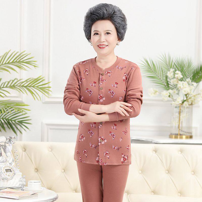 Elderly open autumn clothes women's open autumn clothes pure cotton cardigan button-to-door loose suit thermal underwear large size