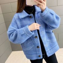 Mom autumn coat women's cardigan 2022 spring and autumn new Korean style loose mink thickened short sweater knitwear