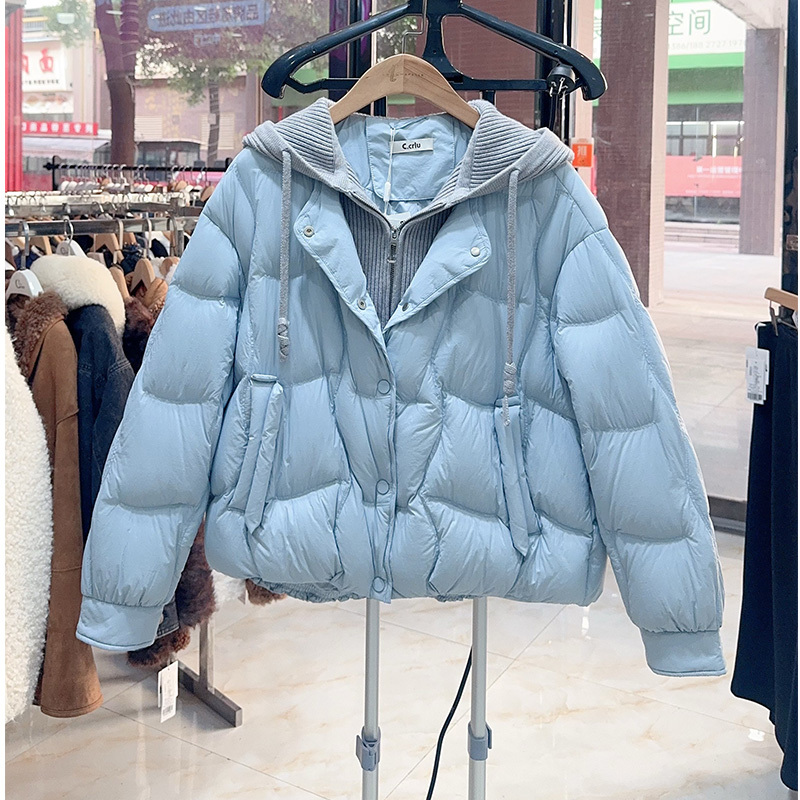 Cr.Lu 257400 Short down Jacket for Women with Hood, Knitted Patchwork, 90% White Duck down Puffer Coat