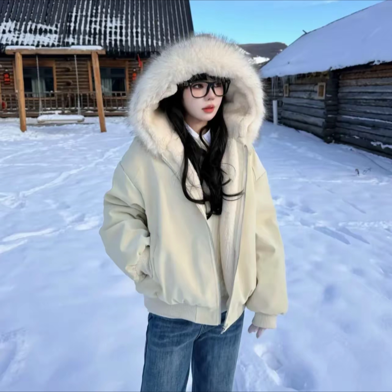 Zuoshandiao Winter Pu Leather Hooded down Jacket, Unisex Style with Large Fur Collar, Thickened Lychee Pattern, Couple's Versatile Cotton Coat