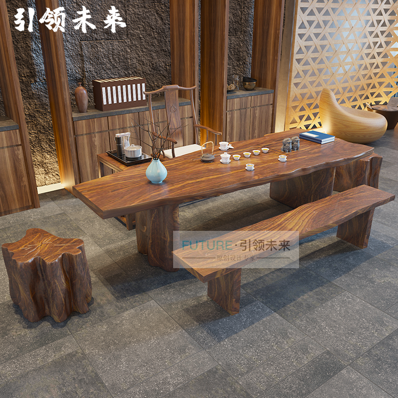 Solid wood tea table Tea table and chair combination Simple modern Chinese tea table Whole board large board table Natural side drinking tea tea table