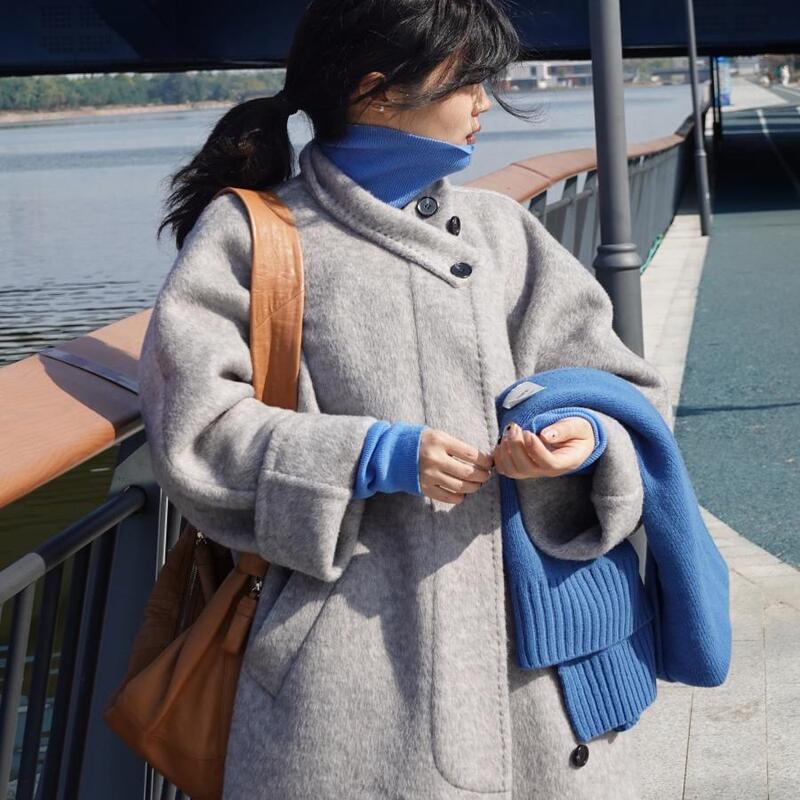 Cmeter Silk Wool Hidden Button Stand Collar Silhouette Handmade Coat Wool Jacket for Women