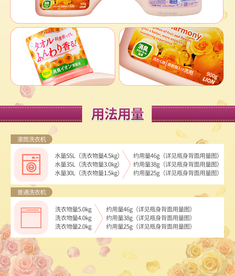 LION狮王 花果香 持久柔顺洗衣液 900g*3 图6