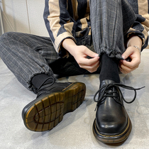 Ins Martin Shoe Men Low Gang Inn Retro Black Genuine Leather Han Edition 100 lapped with heightening overalls Leather Shoes Tide