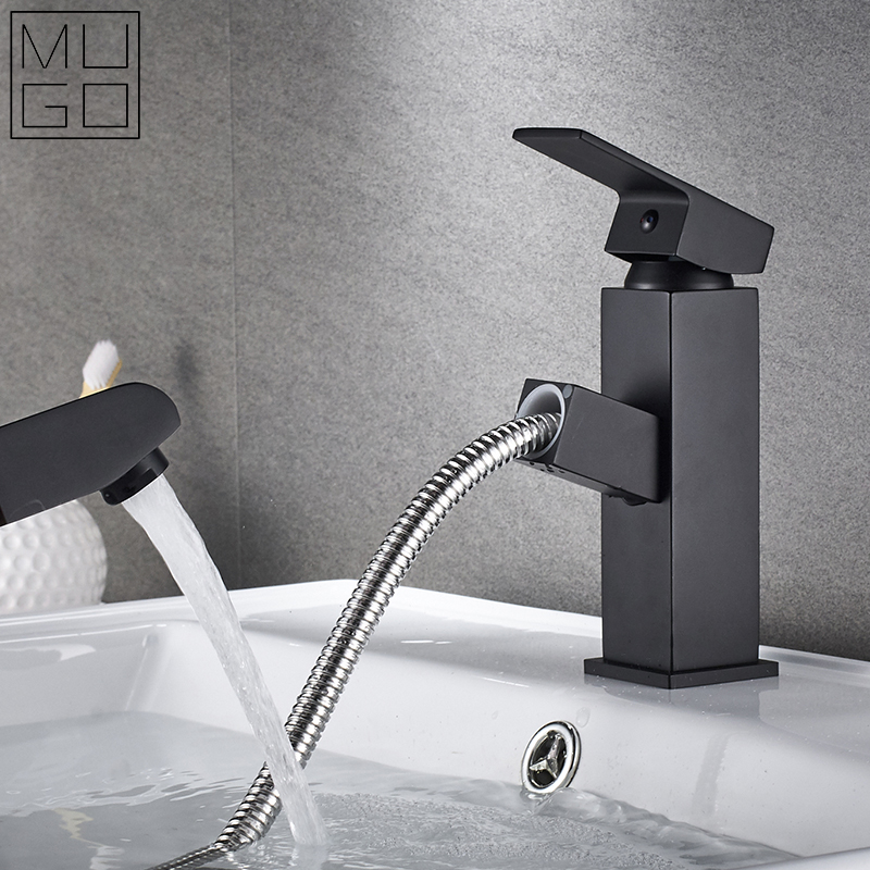 Pull-out tap stainless steel black hot and cold make-up room body wash basin washbasin terrace with basin telescopic
