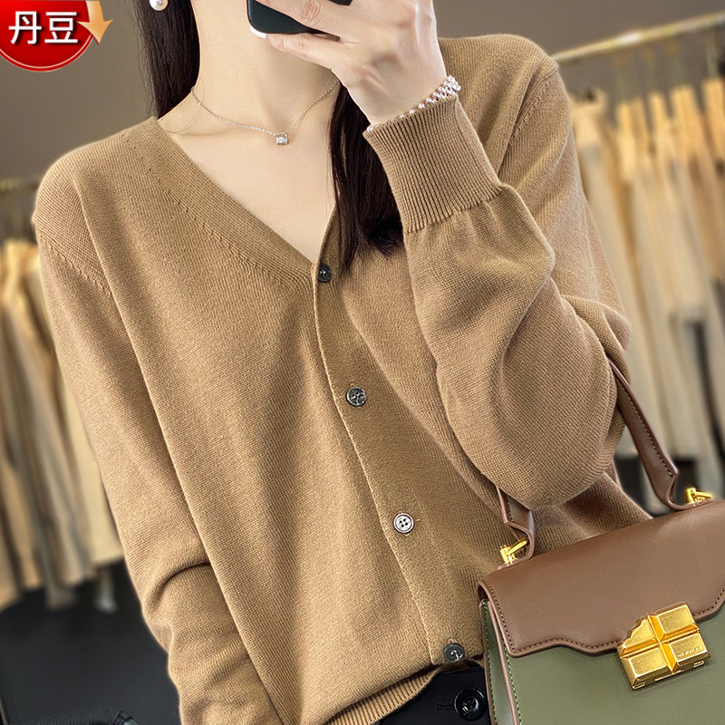 Simple and Elegant 100% Pure Cotton Cardigan for Women, Autumn and Winter 2026 New Style, Outerwear Knit Sweater, V-Neck Sweater Jacket, Long Sleeves