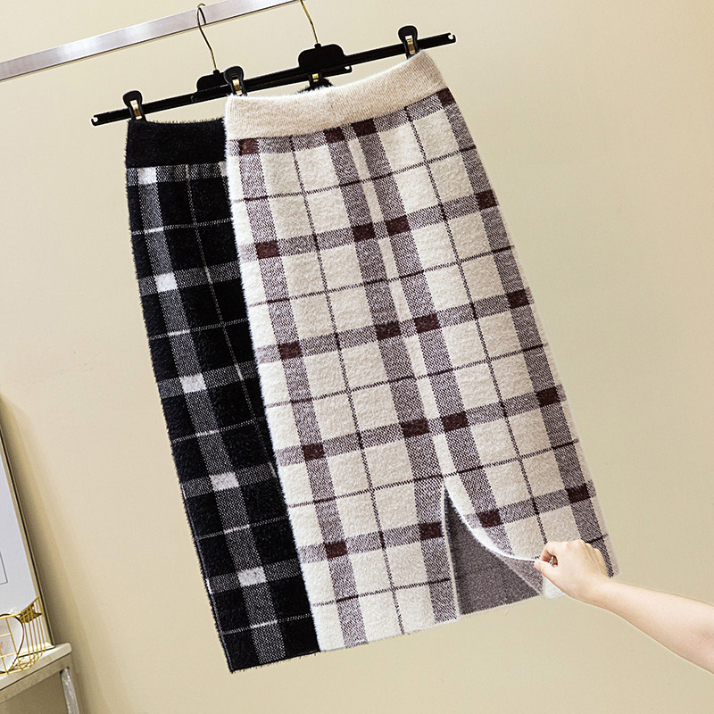 Grid Water Mink Suede Knit Half Body Dress Autumn Winter Ladies in Korean version Long version High waist wool line Package Hip Skirt Open Fork step skirt