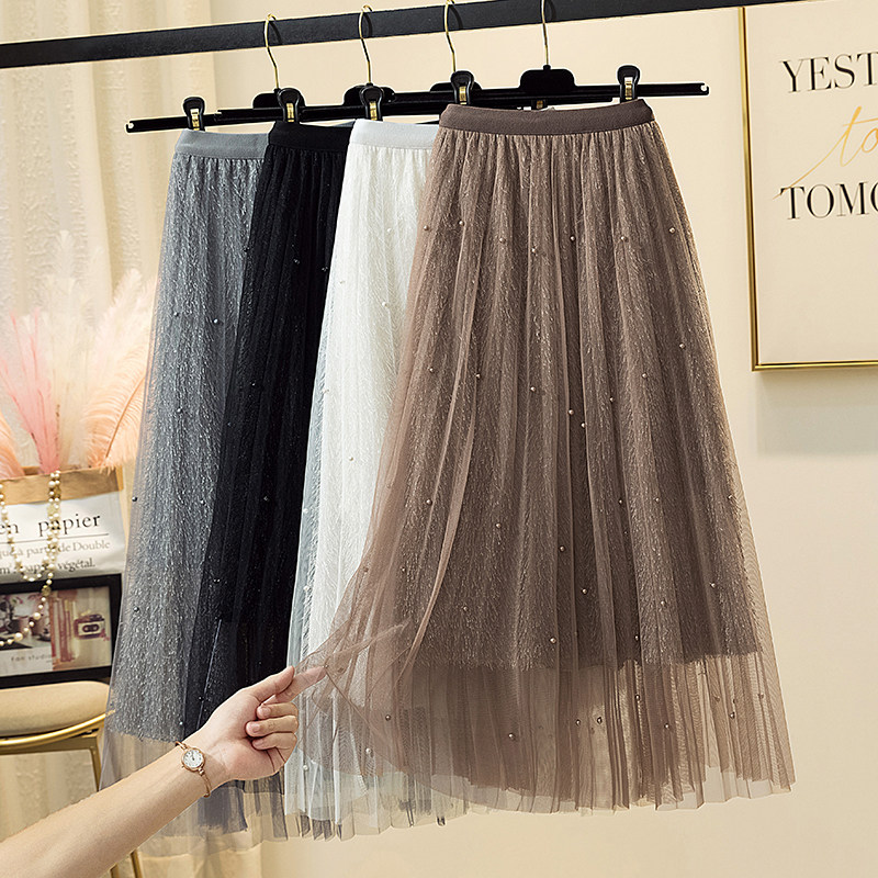 Nail Beading Flow Su Half Body Skirt Autumn Winter Woman Medium Long Version A Character Skirt High Waisted Plexu Skirt Light Cooked Wind Mesh Yarn Temperament Dress