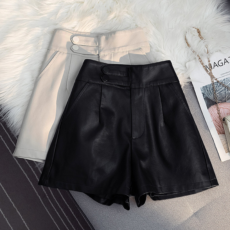 Black High Waist PU Leather Pants Woman Autumn Winter 2022 New Texture Fashion Wide Leg Pants Loose Outside Wearing Casual Pants Shorts