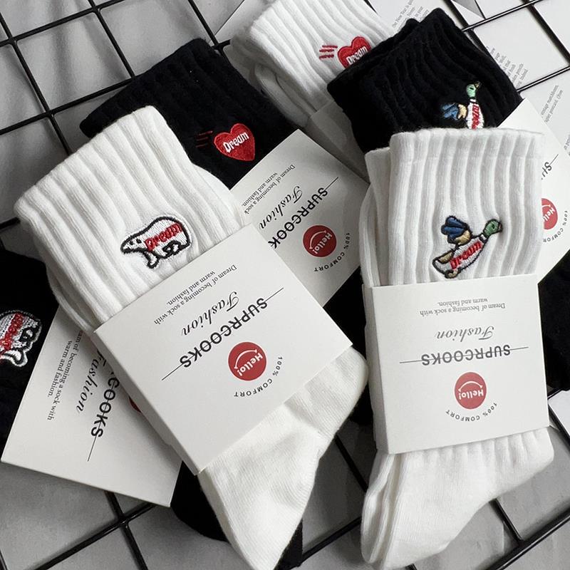 3 Pairs of Shawn Yue Trendy ins Men's Mid-High Socks with Polar Bear Embroidery, Black and White Sports Pure Cotton Long Socks for Women