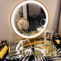 Nordic Tennis Red Ins Wind With Light Makeup Mirror Bedroom Dresser Golden Round Led Princess Net Red Theorizer Mirror