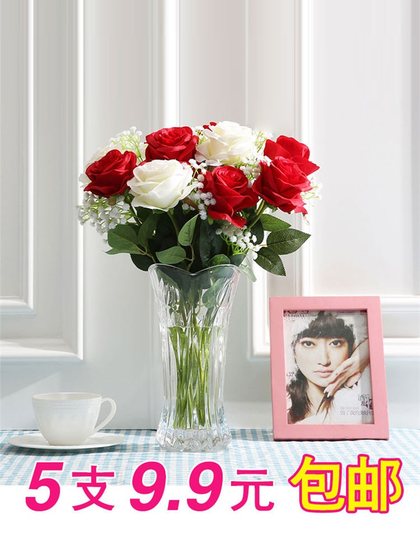 仿真玫瑰花束塑料花假花单支客厅装饰花干花餐桌面摆件防花艺摆设