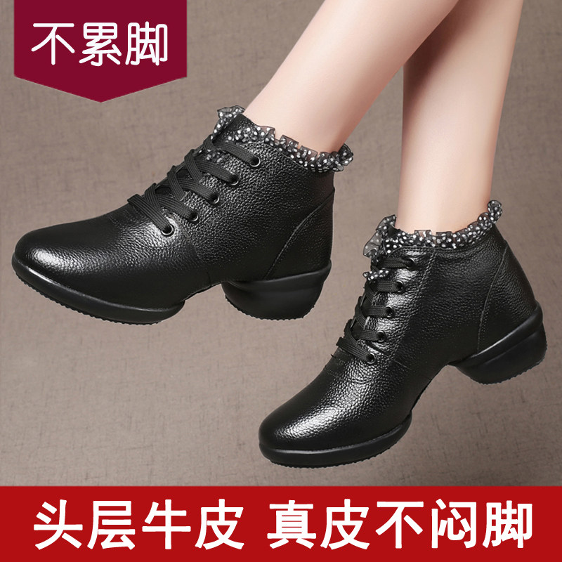 Square Dancing Shoes Sub Adults Dancing Shoes Women Shoes Soft Bottom Heel Winter Sailors Genuine Leather Full Cow Leather Dance Shoes Black