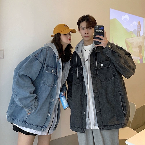 Джинсовая мужская осенняя куртка, парная одежда для влюбленных, джинсовый комплект с капюшоном, в американском стиле, изысканный стиль