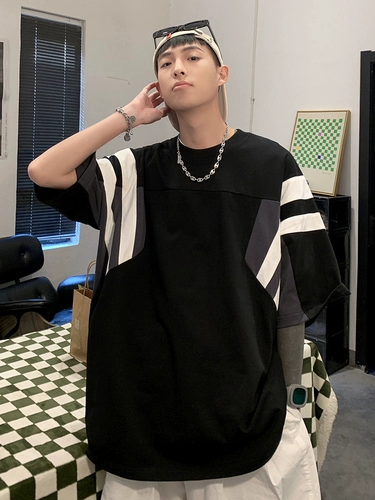 Европейская и американская главная улица T -Fish Оригинальная шва в бейсболе Hiphop Baseball Short -Sleeved Summer's Lummer Heaven Hidden Green Stripes Seven -точка рукава