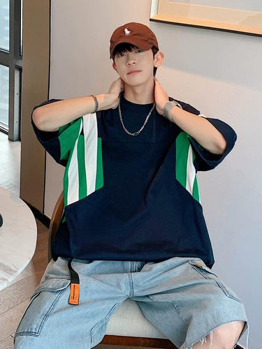 Европейская и американская главная улица T -Fish Оригинальная шва в бейсболе Hiphop Baseball Short -Sleeved Summer's Lummer Heaven Hidden Green Stripes Seven -точка рукава