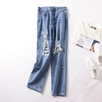 J 15 mùa xuân và mùa thu phiên bản mới của Hàn Quốc của quần jeans lỗ rộng chín điểm quần thẳng học sinh mỏng manh quần jean baggy nữ lưng cao