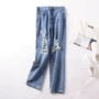 J 15 mùa xuân và mùa thu phiên bản mới của Hàn Quốc của quần jeans lỗ rộng chín điểm quần thẳng học sinh mỏng manh quần jean baggy nữ lưng cao