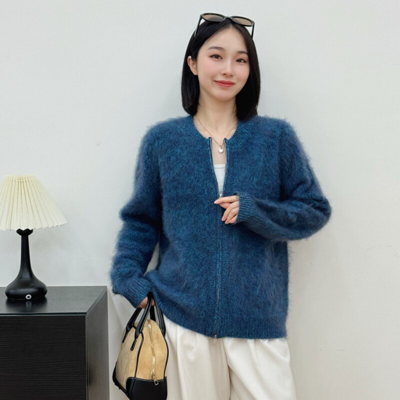 Heavyweight Fleece-Lined Double-Zip Cardigan with Cashmere and Wool in an Optimal Ratio, Commuter Style Round-Neck Knit Sweater Jacket