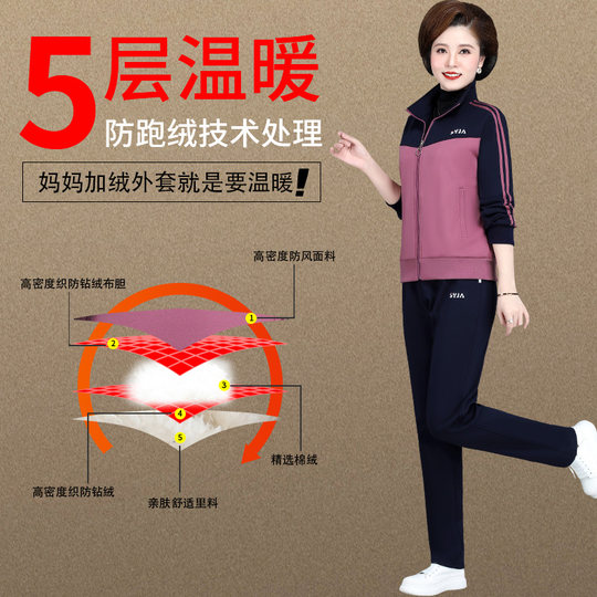 Mom's Sports Suit for Autumn and Winter, 50-60 Years Old, Middle-Aged and Elderly Women's Cotton Coat, Winter Jacket with Fleece Lining, Thickened, Large Size Two-Piece Set