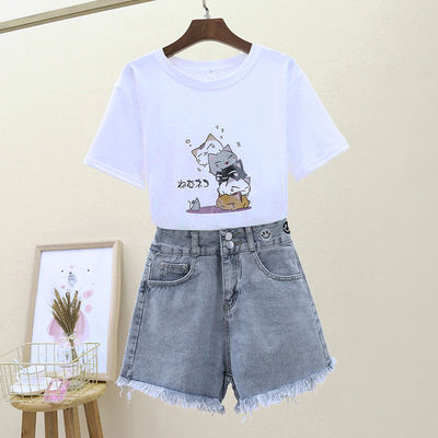 单/套装2021新款学生短袖女热裤两件套T恤女学生韩版宽松牛仔短裤