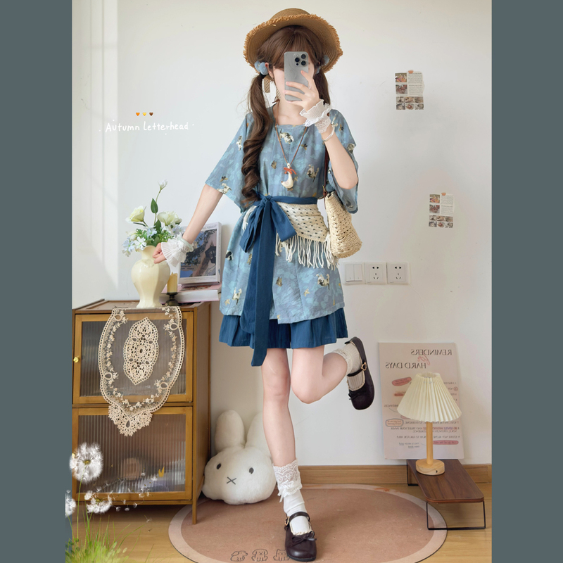 Qingyue Mianmao Original Hanfu Women's Tang-Style Short-Sleeved Round-Neck Shirt and Shorts Simple Daily Hanfu Summer Breathable Set