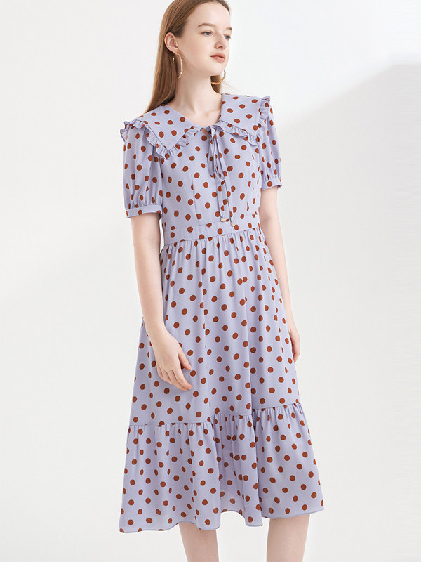 Spot Psalms 2021 Summer New Waist Peter Pan Collar Chiffon Dot Print 6C51205977