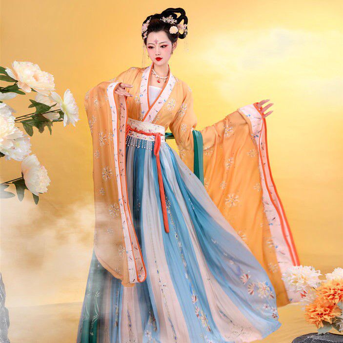 North and South Korean Han uniforms (lacquered) female fairies China wind wide sleeves A piece of style printed skirt floating in the autumn and autumn and ancient wind