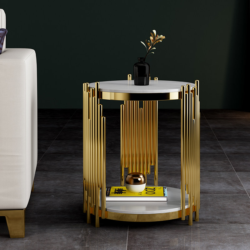 Light luxury stainless steel marble sofa side table simple modern corner table bedroom bedside table slate small round coffee table