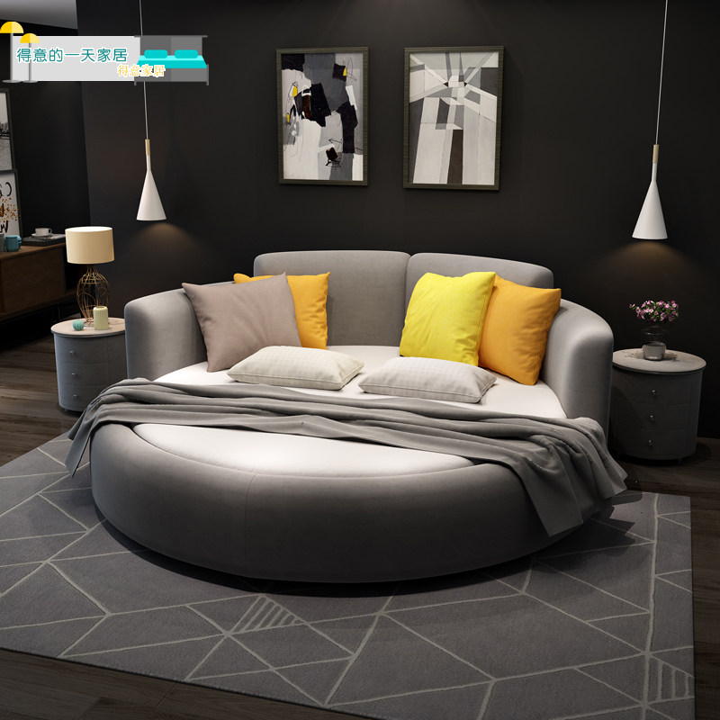 Large round double modern minimalist fabric princess bedroom fashion girl couple cloth bed wedding bed solid wood round bed