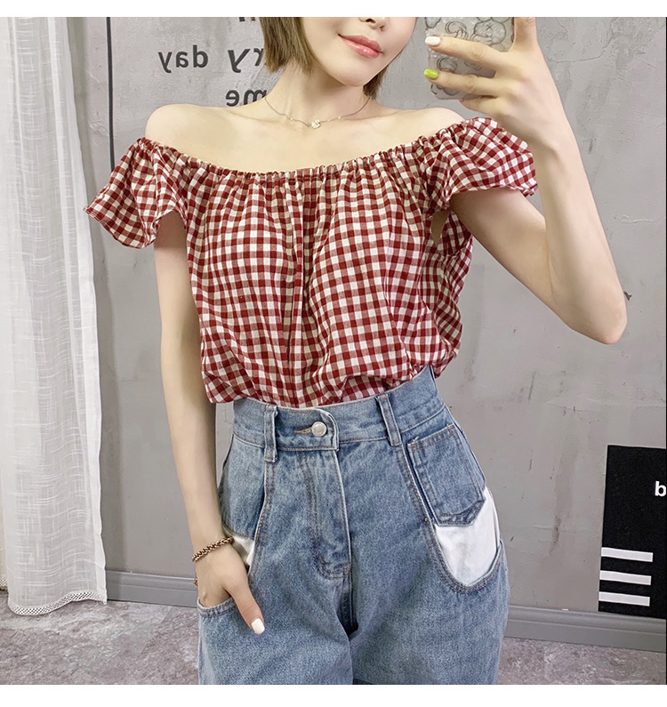 Áo nữ 2019 mới xù lên đỉnh tim máy kẻ sọc ngắn tay thiết kế ý nghĩa từ nhỏ vai nhỏ tươi mát - Áo sơ mi áo sơ mi nữ