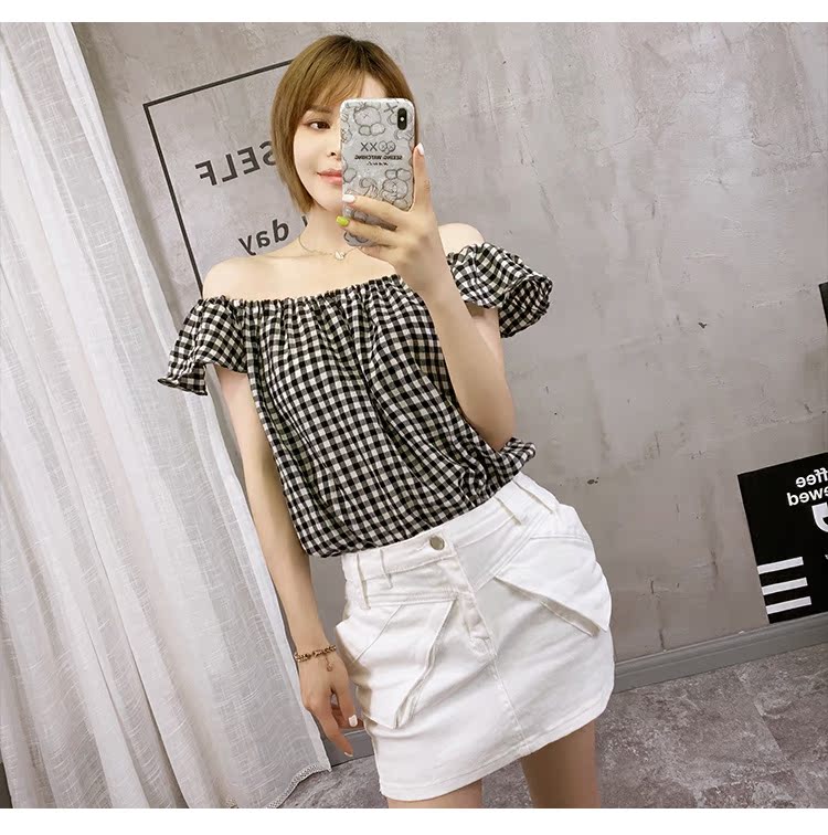 Áo nữ 2019 mới xù lên đỉnh tim máy kẻ sọc ngắn tay thiết kế ý nghĩa từ nhỏ vai nhỏ tươi mát - Áo sơ mi áo sơ mi nữ