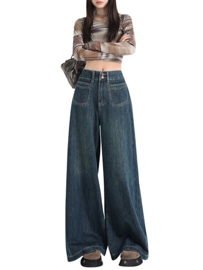 Vintage High-Waisted Wide-Leg Jeans for Women 2025 New Autumn and Winter Casual Loose Slimming Straight-Leg Flared Pants Floor-Length