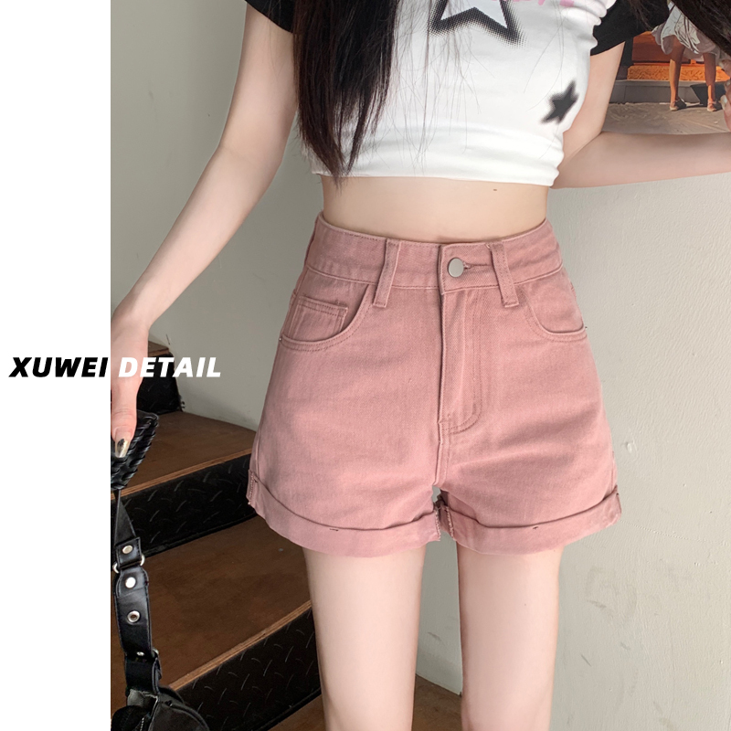 Dirty Pink High-Waisted Denim Shorts for Women, 2026 Summer New Style, Loose Fit, Slimming, Petite A-Line Wide-Leg Hot Pants