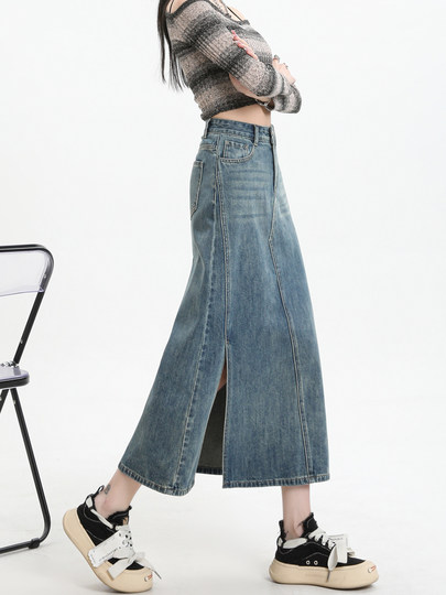 High-Waisted Side Slit Denim Skirt for Women 2025 Autumn and Winter New Design Mid-Length A-Line Skirt Hip-Hugging Skirt